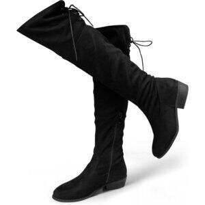 Women's Black Faux Suede Thigh High Over The Knee Black Low Flat Heel Boots